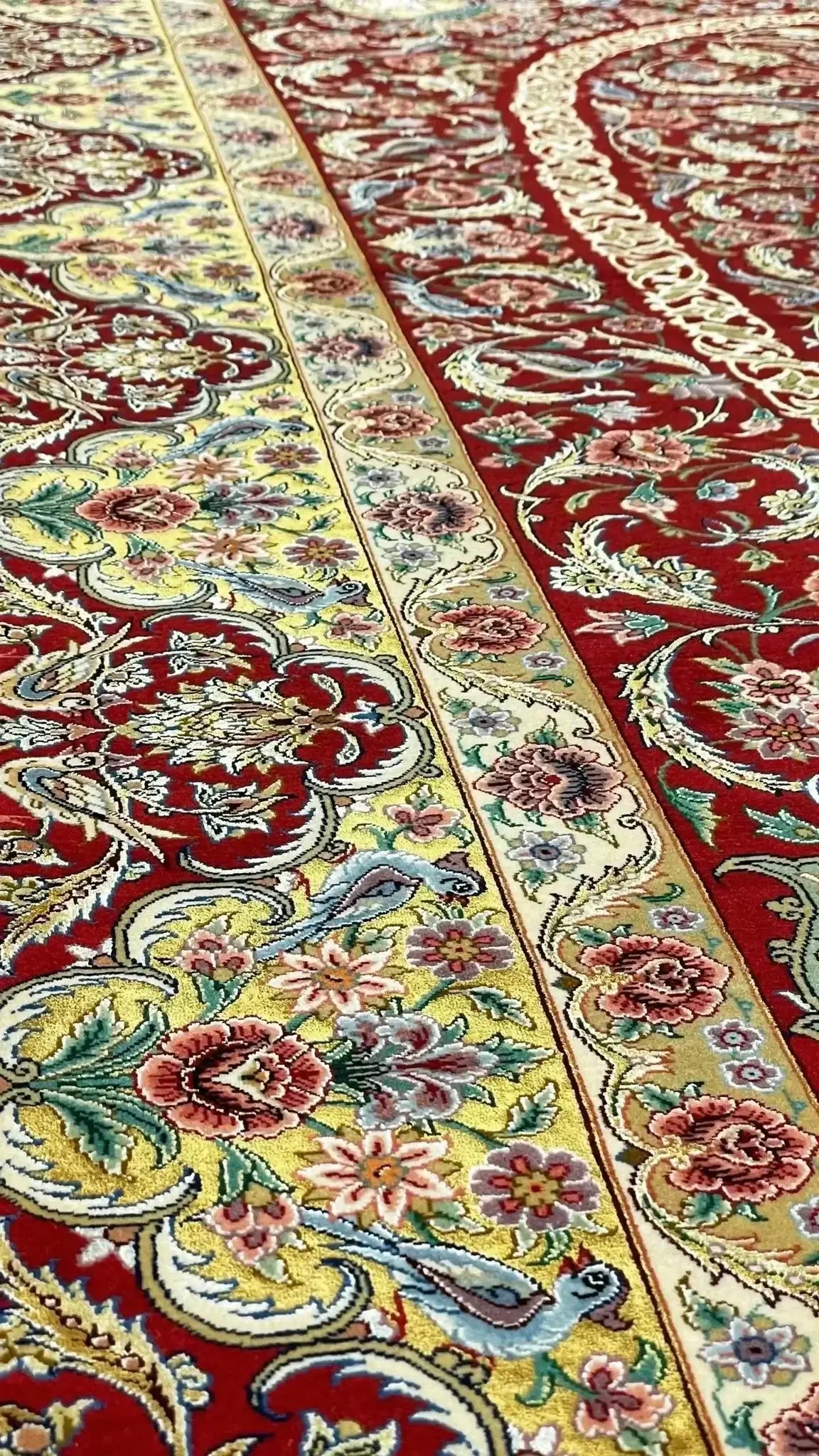 "Hand-knotted Persian rug by Akhtarian, featuring a 1,000,000 knot density, crafted with wool and silk flowers in Isfahan, Iran."
